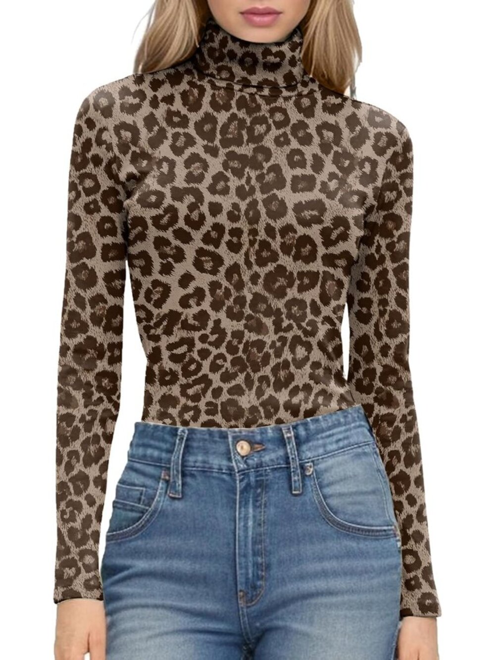 Women's Leopard Ribbed Knit Turtleneck Slim Fit Stretchy Layering Pullover Shirt